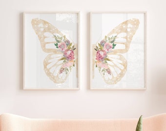 Blush pink nursery wall art, Butterfly prints set of 2, Boho floral nursery prints, Butterfly and flowers wings wall decor, Printed