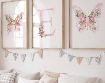 Personalized Butterfly Nursery Print Set, Light Pink Floral Wall Art, Baby Girl Gift