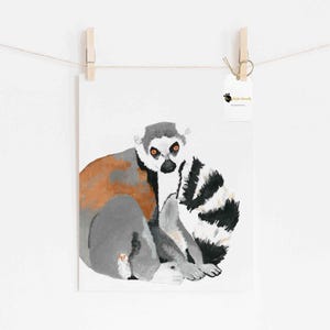 Arte per bambini con lemuri, stampa di animali dello zoo, decorazione per cameretta dei bambini con tema giungla, arte murale della fauna selvatica per la cameretta dei bambini, dipinto di lemure dalla coda ad anelli, stampato - spedito