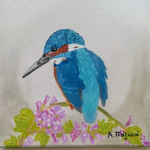 20x20 cm Indigo Bunting art Colorful wall art Bird lovers gift Original bluebird painting on canvas 8x8''