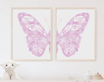 Purple Butterfly print set of 2 piece, Minimalist wall art printable, Butterfly wings nursery decor, Monochrome diptych, Digital download