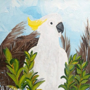 Original Cockatoo Painting – White Bird Wall Art on 8x8&quot; Stretched Canvas – Tropical Jungle Animal Artwork