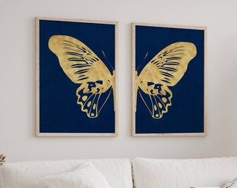 Blue and gold wall art, Butterfly print set of 2, Royal blue wall decor, Butterfly wings wall decor, Above bed diptych art, Digital download