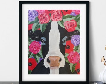 Cow with flowers print of original painting, Modern famr art, Cowgirl home decor, Farmhouse cow decor, Cow lovers gift, 8x10, A4, A3