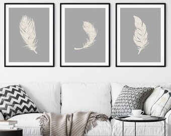 Conjunto de láminas decorativas de plumas grises, estampados minimalistas estilo boho, decoración para pasillo, descarga digital.