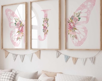 Personalized pink butterfly print set of 3, Light pink wall art, Floral nursery art, Baby name sign, Butterfly and flowers nursery decor