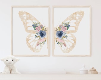 Pink and blue wall art, Butterfly prints set of 2, Boho floral nursery prints, Butterfly and flowers wings wall decor, Digital download