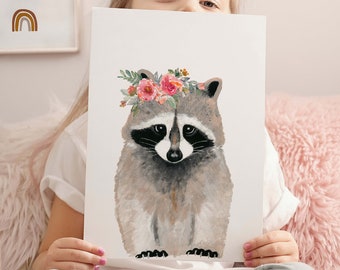 Raccoon painting art print, Woodland nursery decor girl, Forest friend with flowers poster, Unique raccoon gift for newborn, Printed