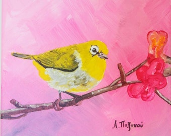 Yellow bird painting on canvas, 8x8'', (20x20 cm), Original bird artwork, Japanese white eye bird with pink cherry blossom, Colorul wall art