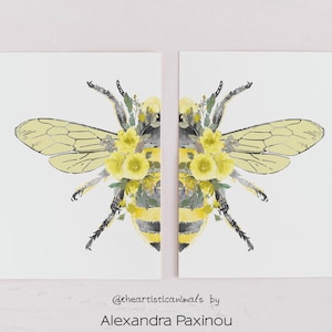 Dittico da parete con api, set di stampe floreali nere e gialle su carta, arte botanica di insetti per la casa o la cameretta dei bambini ispirata alla natura.
