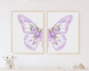 Purple nursery decor, Butterfly prints set of 2, Butterfly and flowers wings wall decor, Lavender nursery wall art, Digital download