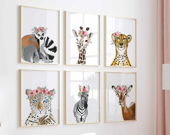 Cheerful safari animals gallery wall art set of 6 prints, Leopard, Zebra, Giraffe, Whimsical jungle nursery decor, Baby girl room, Printed