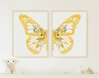 Gelber Schmetterling Kunst, Schmetterlingsdrucke 2er-Set, Gelbe Kinderzimmer-Wandkunst, Schmetterling und Blumenflügel-Wanddekor, digitaler Download