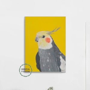 Cockatiel painting on canvas, Original acrylic artwork 16x20 inches, Tropical bird art, Yellow wall art image 8