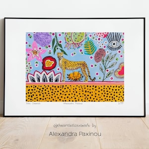 Stampa artistica di un ghepardo di un dipinto originale, decorazione murale boho colorata, arte murale eclettica, decorazione Dopamine, edizione limitata, regalo per gli amanti dell'arte