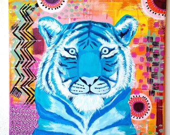 Blue Tiger painting on canvas original, 16x16 in (40x40 cm), Whimsical animal art, Eclectic wall decor, Bright colorful maximalist wall art