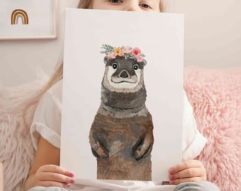 River Otter art print, Baby woodland animal with flower crown, Boho nursery decor girl, Otter gifts, Nursery shelf decor, Printed - shipped