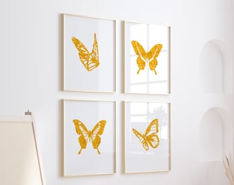 Yellow Butterfly print set of 4, Mustard yellow decor, Abstract minimalist butterfly wall art, Mustard nursery wall decor, Digital download