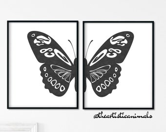 Black and white butterfly wing prints set of 2, Split Butterfly artwork, Minimalist wall art, Monochrome room decor, Digital download