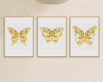 Yellow wall art, Butterfly print set of 3, Floral nursey prints, Butterfly and flowers nursery wall decor over the bed, Digital download