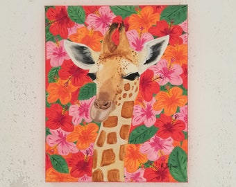 Giraffe painting on canvas 16x20 in (40x50 cm), Original giraffe and Hibiscus flowers artwork, Eclectic wall art, Whimsical animal art