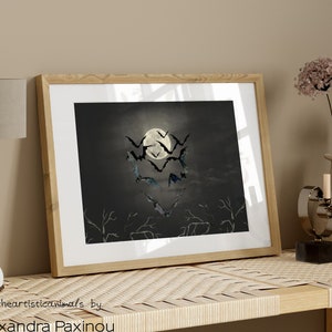 Impresión de luna llena y murciélagos, arte de luna espeluznante, arte de pared imprimible de Halloween, decoración gótica para el hogar, póster de arte oscuro, descarga digital