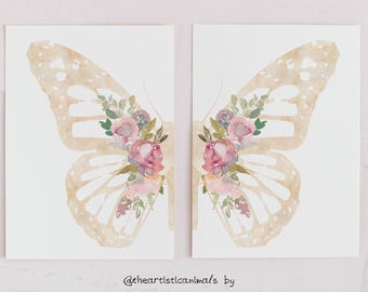 Blush Pink Split Butterfly Wings Print set of 2, Floral Nursery Decor