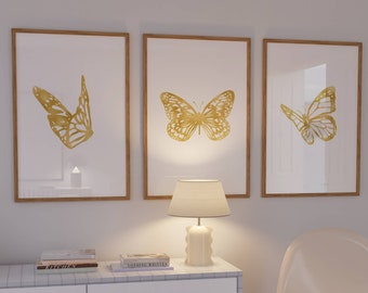 Minimalist wall art set of 3 piece, Gold butterfly decor, Butterfly printable art, Abstract minimalist triptych art,  Digital download