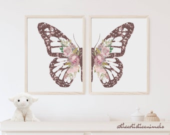 Mauve pink nursery wall art, Butterfly print set of 2, Boho floral nursery art, Butterfly and flowers wings wall decor, Digital download