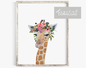 Floral giraffe nursery print, Girl room printable wall decor, Safari theme nursery wall art, Baby girl nursery decor, Digital download