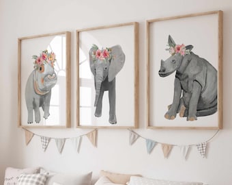 Baby zoo animals print set of 3, Rhinoceros, Elephant, Hippo, Gray pink wall art, Floral safari nursery decor, Newborn girl gift, Printed