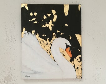 Schwan 40x50 cm Original Acrylbild und Blattgold auf Leinwand, Vogel Kunst auf Leinwand, zeitgenössische Kunst handgemalt