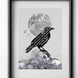 Gothic Rabe druckbare Kunst - Edgar Allan Poe „Der Rabe“ Schädel-Wanddekor, Halloween-Gedicht Digitaler Download