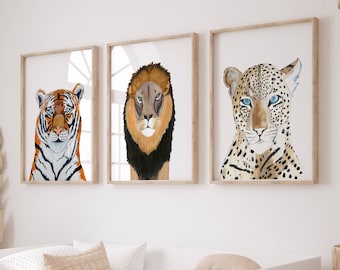 Lion, Tiger, Leopard, Big cat prints set of 3, Jungle nursery decor, Feline animal portrait, Kid safari theme room wall art, Printed shipped