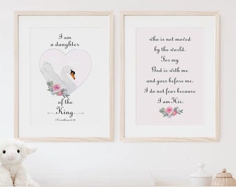 Swan Nursery Print Set, Daughter of the King Bible Verse Wall Art, Digital Download