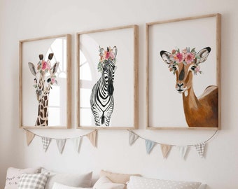 Giraffe, Zebra and Gazelle print set, Safari animal nursery decor, Floral nursery, Whimsical childrens art, Baby girl home gift, Printed