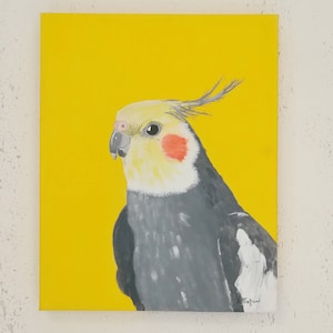 Cockatiel painting on canvas, Original acrylic artwork 16x20 inches, Tropical bird art, Yellow wall art image 1