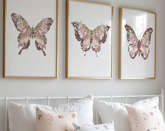 Conjunto de láminas con estampados florales y de mariposas en color malva, decoración de pared estilo boho para habitación infantil de niña, descarga digital.
