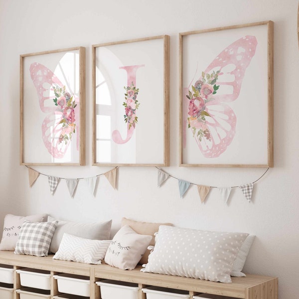Personalized pink butterfly print set of 3, Light pink wall art, Floral nursery art, Baby name sign, Butterfly and flowers nursery decor