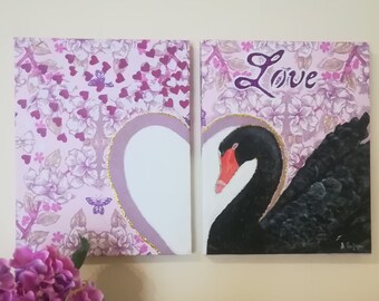 Swan love art, Original Black Swan mixed media art print on canvas, Set of 2 8x10'', Purple nursery decor, Girl nursery art, Newborn gift