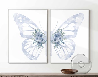 Light blue wall art, Butterfly prints set of 2, Boho floral nursery art, Butterfly and flowers wings wall decor, Printed and shipped