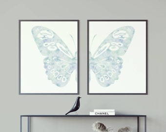 Blue watercolor Butterfly prints set of 2,  Abstract minimalist wall art, Diprtych art, Split butterfly wings wall decor, Digital download