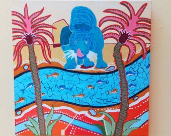 Peinture tigre bleu boit de l'eau dans la rivière, oeuvre d'art originale sur toile (40 x 40 cm), palmiers roses, décoration éclectique colorée