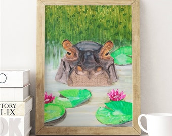 Hippo print of painting, African animal art, Colorful wall art, Hippo nursery decor, Hippopotamus gifts, Unique shelf decor, Printed 8x10 A4