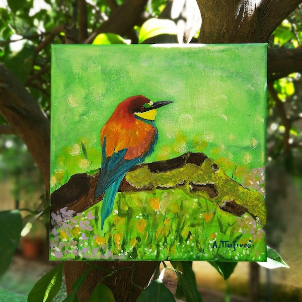Original european bee eater bird painting on canvas, 8x8 inches (20x20 cm), Backyard bird on branch art, Shades of green, Bird lovers gift