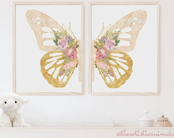 Gold and pink nursery wall art, Butterfly prints set of 2, Boho floral nursery prints, Butterfly and flowers wings wall decor, Downloadable