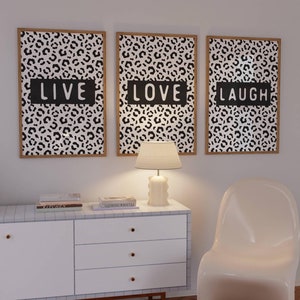 ヒョウ柄の名言、白黒の「Live laugh love」ウォールアート、動物柄の名言、ベッド上の壁飾り、デジタルダウンロード