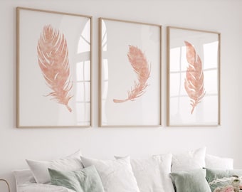 Blush pink wall art, Feather print set of 3, Above couch art, Minimalist wall decor over the bed, Pink feather nursery decor, Printed mailed
