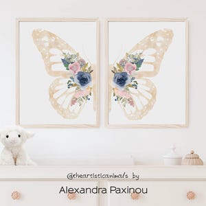 Pink and blue wall art, Butterfly prints set of 2, Boho floral nursery prints, Butterfly and flowers wings wall decor, Digital download