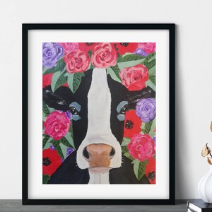 Cow with flowers print of original painting, Colorful farm art, Ranch cowgirl home wall art, Farmhouse decor, Cow lovers gift, 8x10, A4, A3